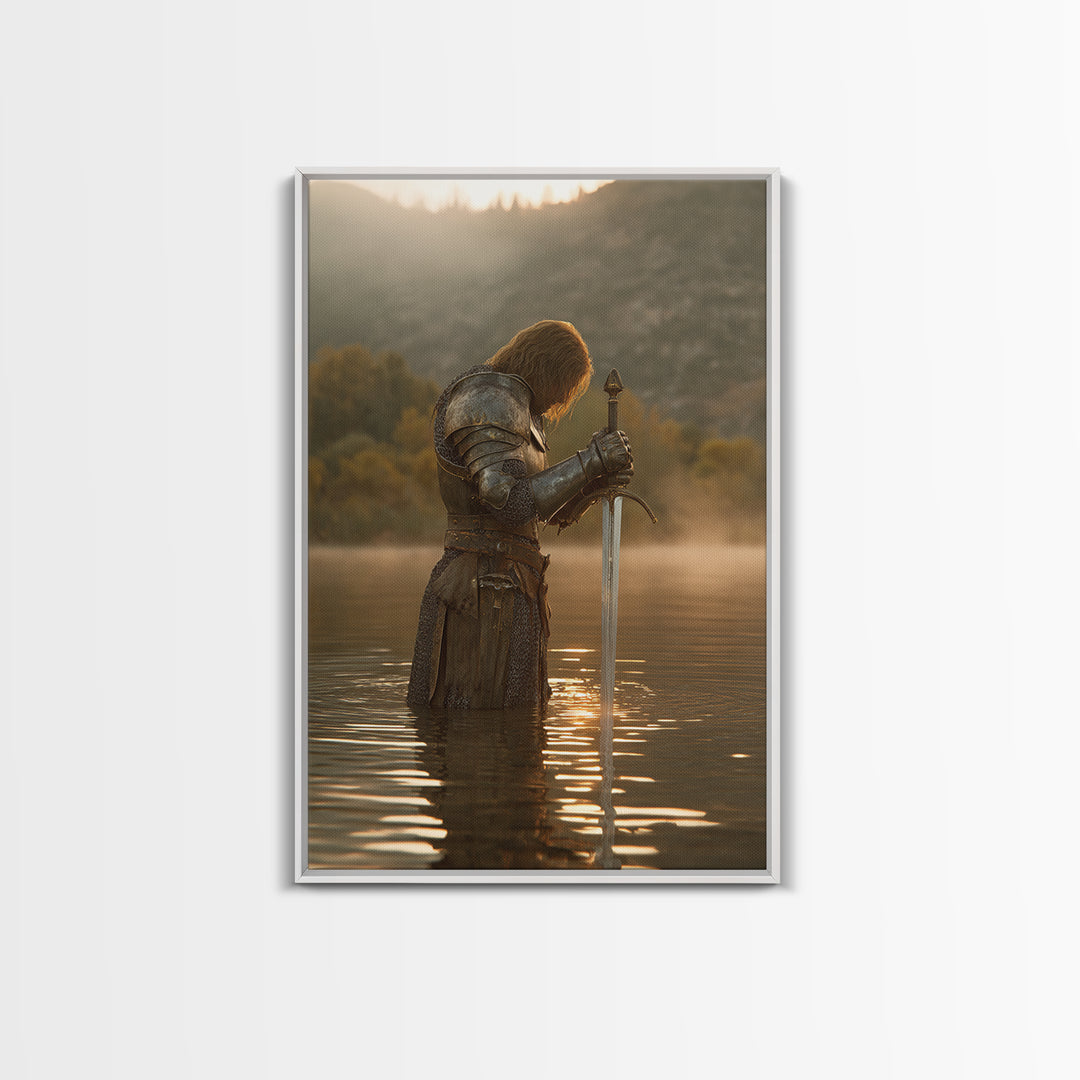 Medieval Knight Standing In Water Holding Sword Dramatic Warrior Wall Art Canvas Print For Man Cave Decor