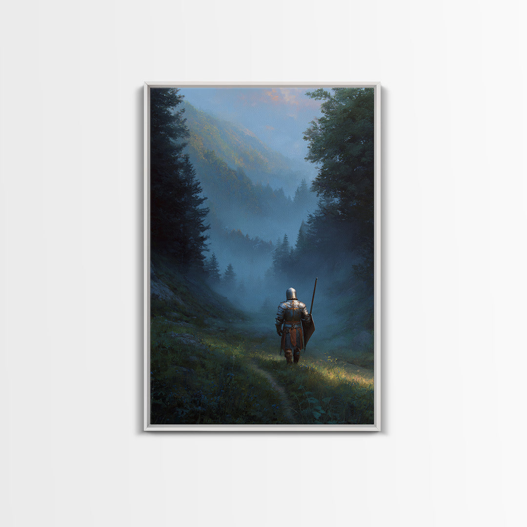 Knight In Armor Standing In Misty Valley Painting Medieval Fantasy Artwork For Office Wall Decor Or Living Room Statement Wall Art Framed Canvas Print