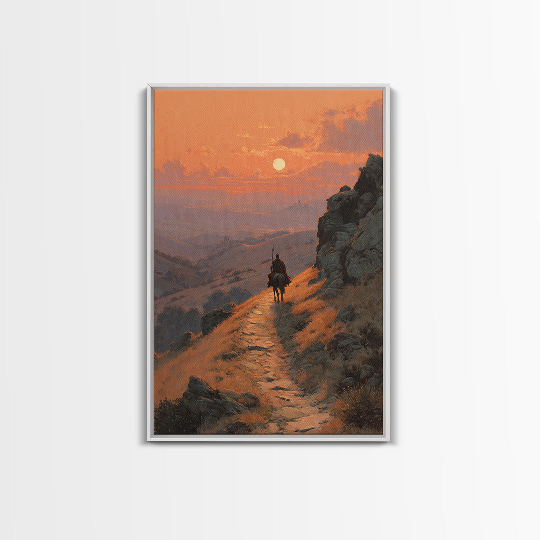 Contemplative Figure In Dark Cave With Light Rays Surreal Painting Modern Wall Art Framed Canvas Print