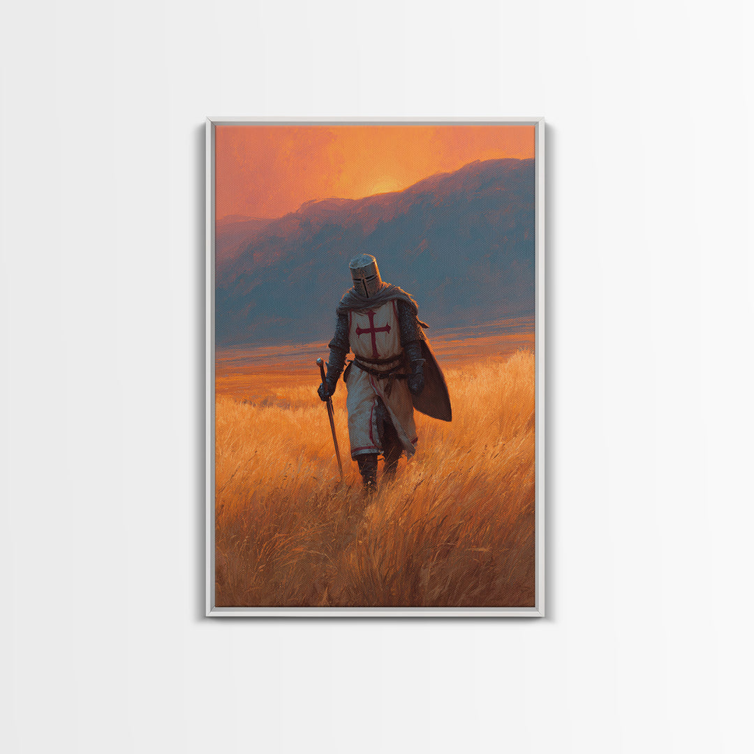 Medieval Knight In Armor With Sword Walking Through Golden Field At Sunset Wall Art Framed Canvas Print