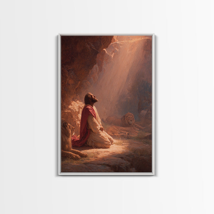 Praying Man With Lions In Dramatic Light Spiritual Christian Art Framed Canvas Print For Home Decor