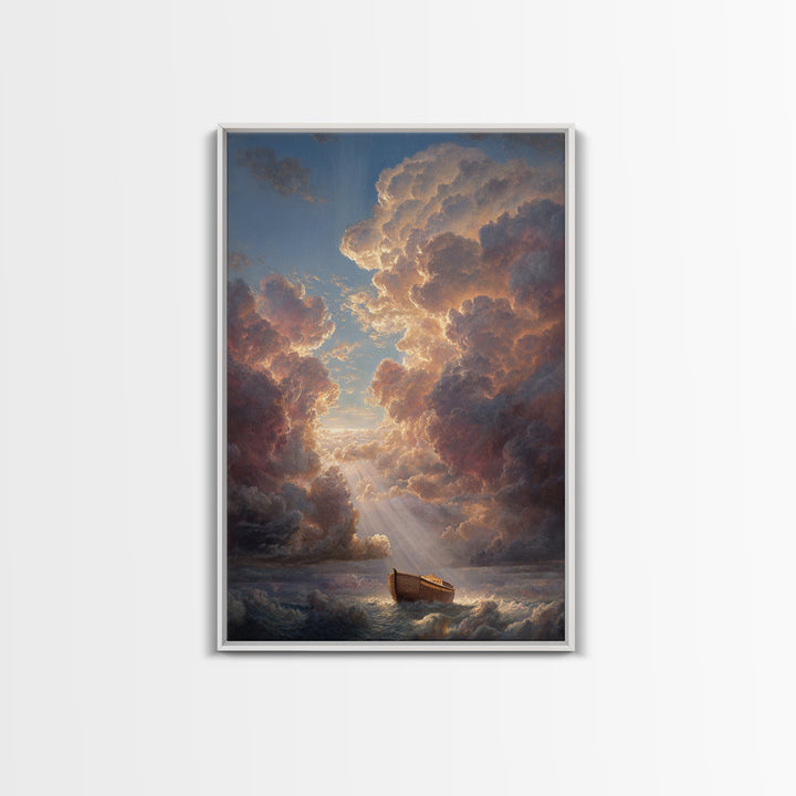 Sunset Clouds And Ark On Stormy Seas Dramatic Landscape Oil Painting Wall Art For Coastal Home Decor Or Nautical Gift