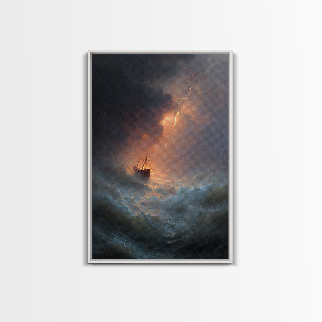Ship In Stormy Sea With Lightning Strikes Dramatic Ocean Scene Oil Painting Wall Art Canvas Print