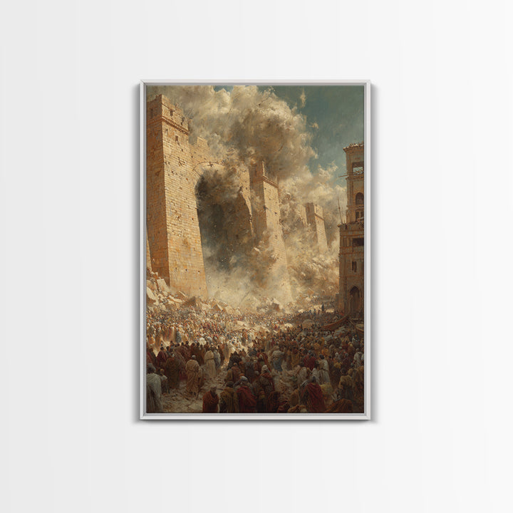 Historic Siege Scene With Crowds And Stone Walls Dramatic Wall Art Framed Canvas Print For Living Room Decoration
