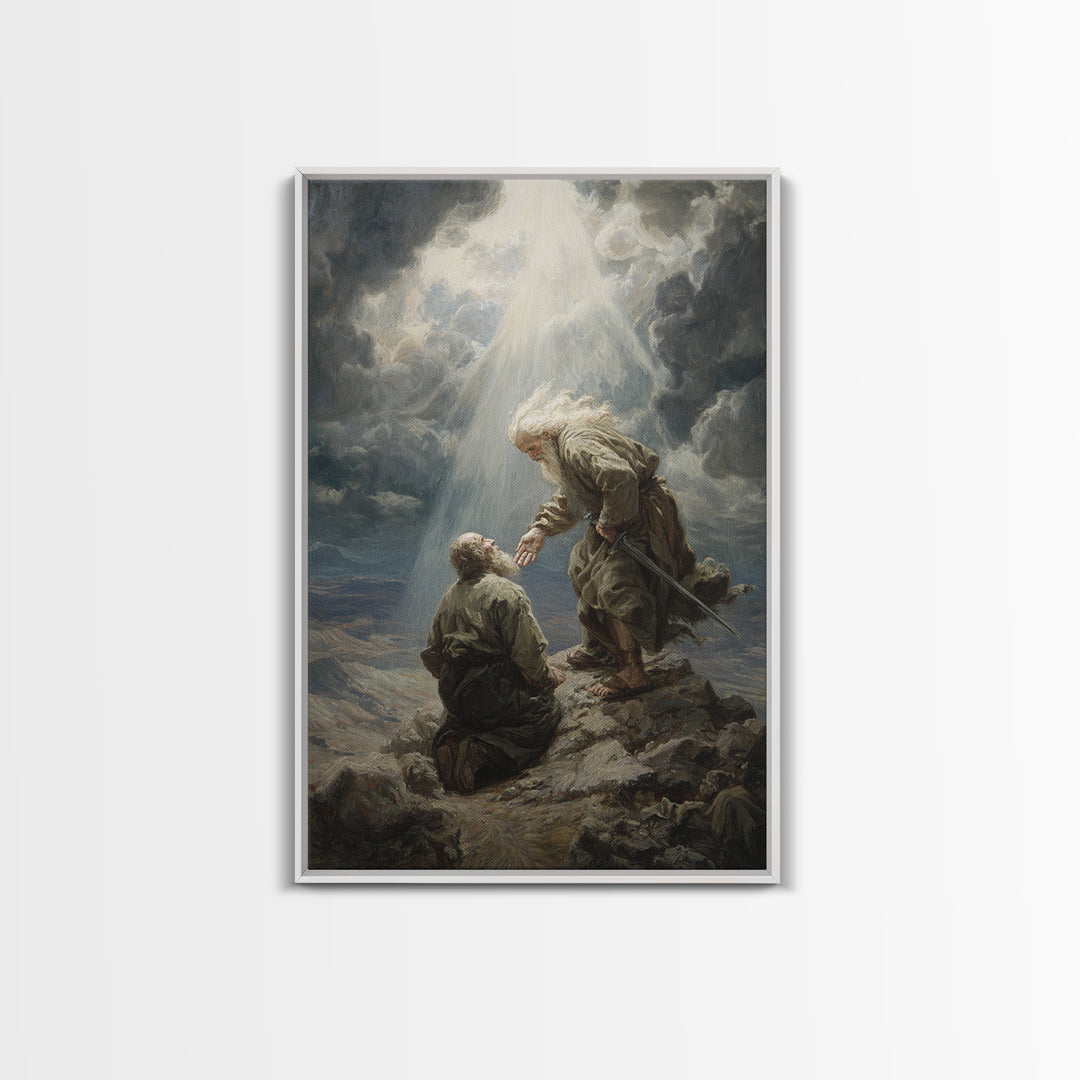 Biblical Scene Of Two Men On Rocky Landscape With Light Ray Spiritual Wall Art Framed Canvas Print For Christian Home Decor