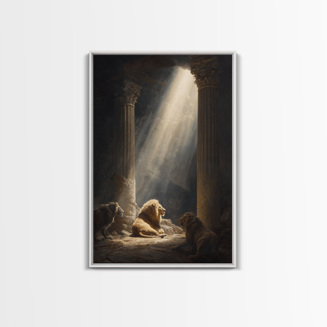 Majestic Lions In Sunlit Ancient Ruins Dramatic Wall Art Canvas Print For Wildlife And Animal Lovers Home Decor