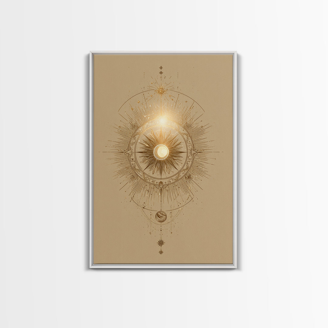 Golden Celestial Sun Mandala Wall Art, Mystical Moon Phase Art Print, Spiritual Home Decor, Boho Meditation Room Decor, Gift For Her