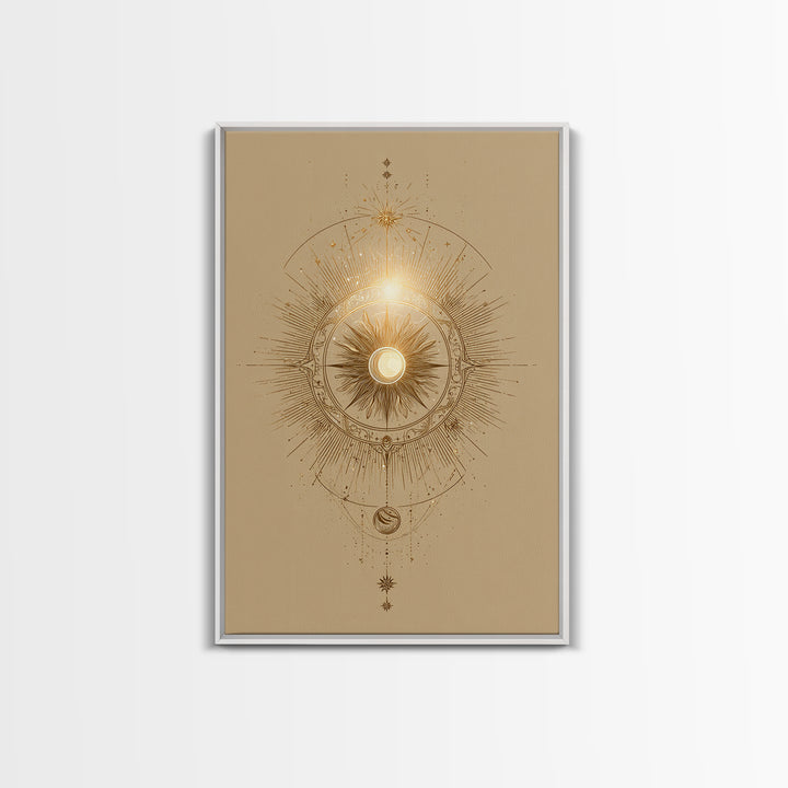 Golden Celestial Sun Mandala Wall Art, Mystical Moon Phase Art Print, Spiritual Home Decor, Boho Meditation Room Decor, Gift For Her