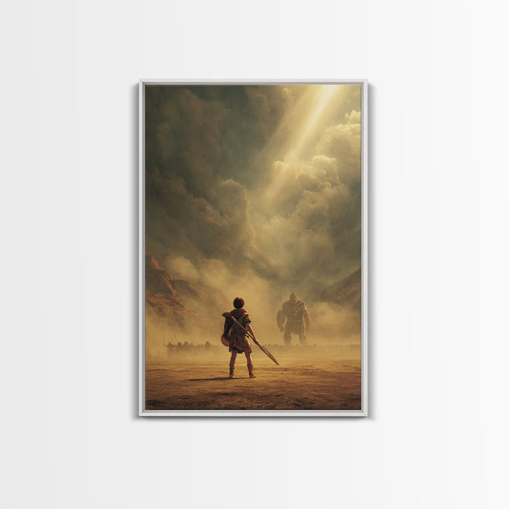 Epic Ancient Warrior Facing Giant In Dramatic Dusty Battlefield Sunlight Wall Art Framed Canvas Print For Living Room Decor