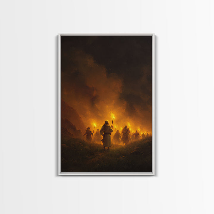 Medieval Procession With Illuminated Torches Dramatic Scene Wall Art Framed Canvas Print For Home And Office