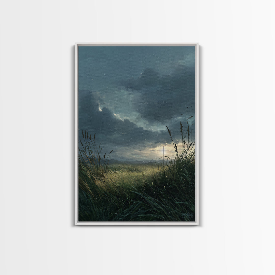 Serene Landscape With Cross At Sunset Over Grass Field - Beautiful Wall Art Framed Canvas Print For Peaceful Home Decor