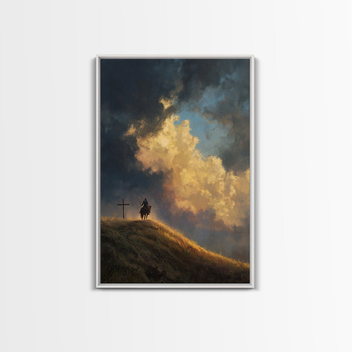 Dramatic Sky Over Stormy Hillside With Sun Rays Landscape Oil Painting Wall Art Framed Canvas Print