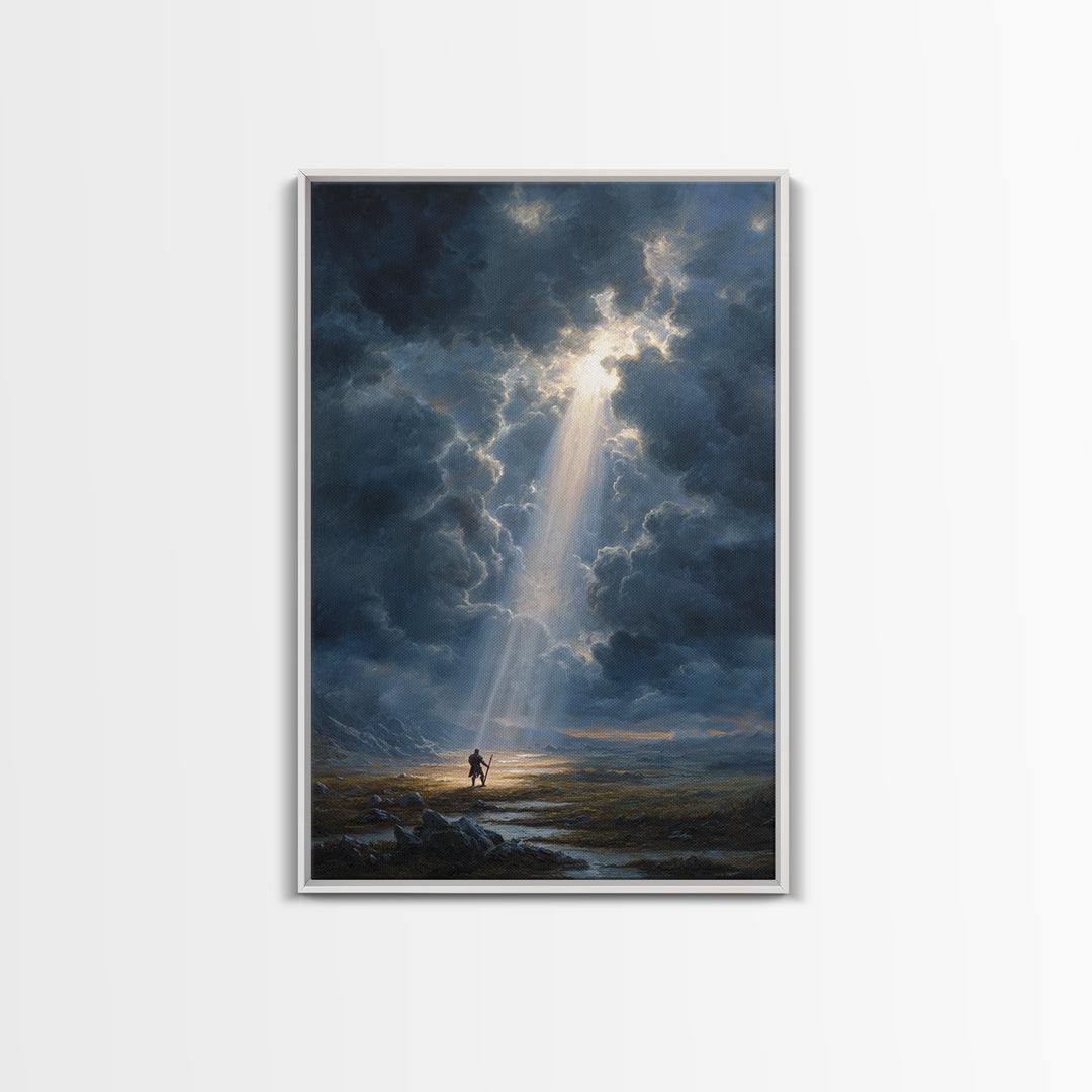 Heroic Fantasy Painting Knight Standing In Beam Of Light Under Dramatic Sky - Canvas Print For Epic Wall Art And Mythical Home Decor