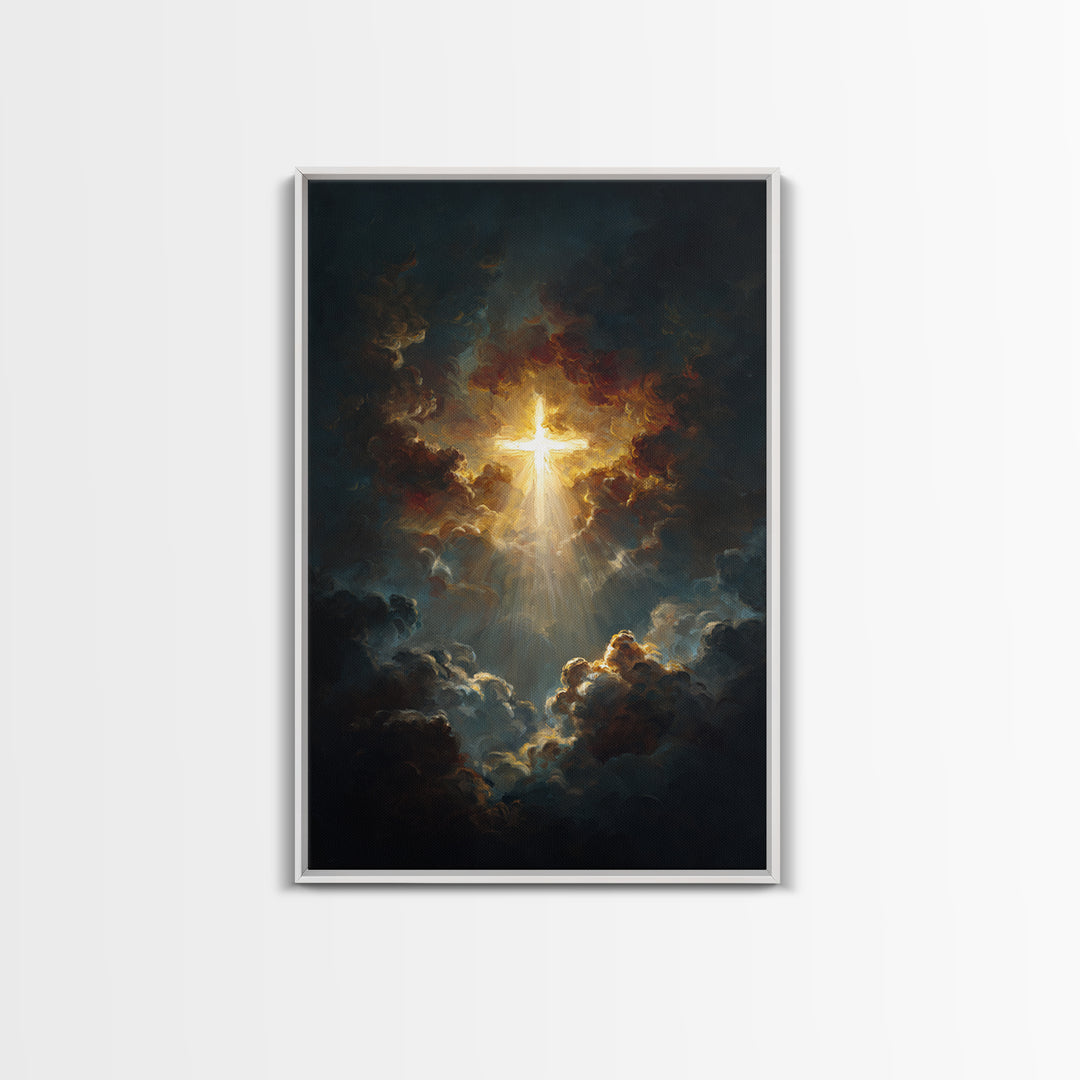 Radiant Golden Cross Amid Dark Clouds Inspirational Christian Wall Art Canvas Print For Home Decor