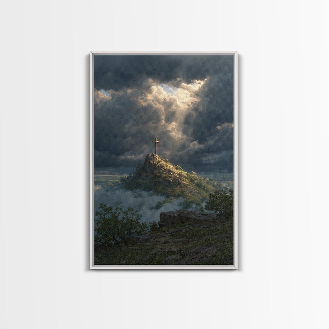 Cross On Mountain Dramatic Sky Contemporary Landscape Oil Painting Wall Art Framed Canvas Print Nature Inspired Home Decor