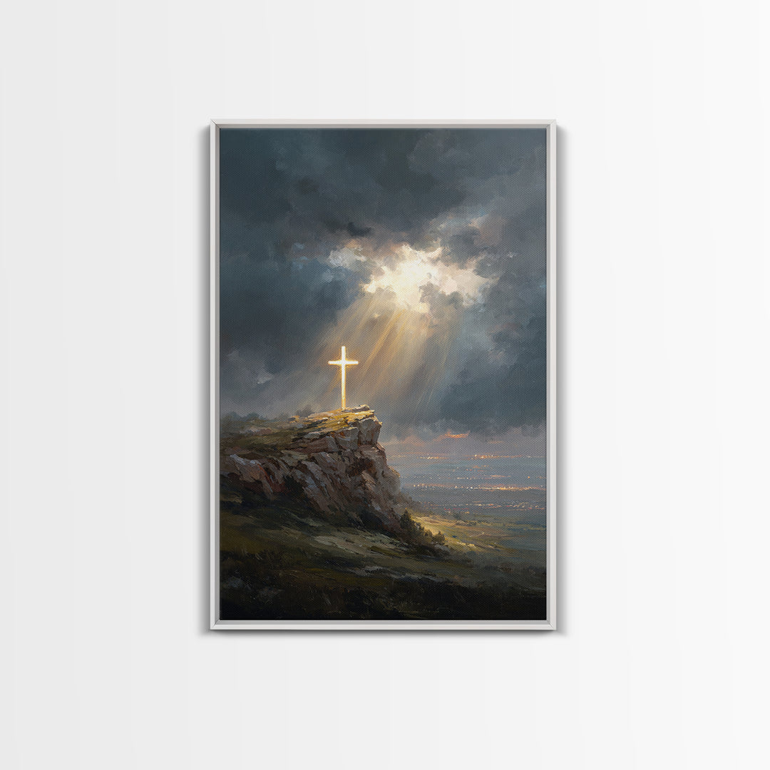 Dramatic Light Over Cliff Cross Spiritual Wall Art Framed Canvas Print For Inspirational Religious Home Decor Or Gift