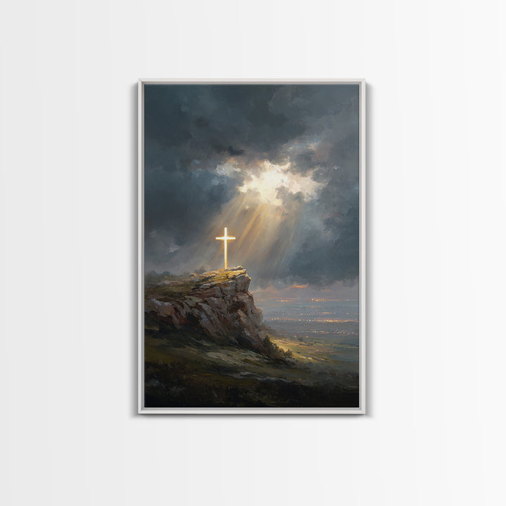 Dramatic Light Over Cliff Cross Spiritual Wall Art Framed Canvas Print For Inspirational Religious Home Decor Or Gift