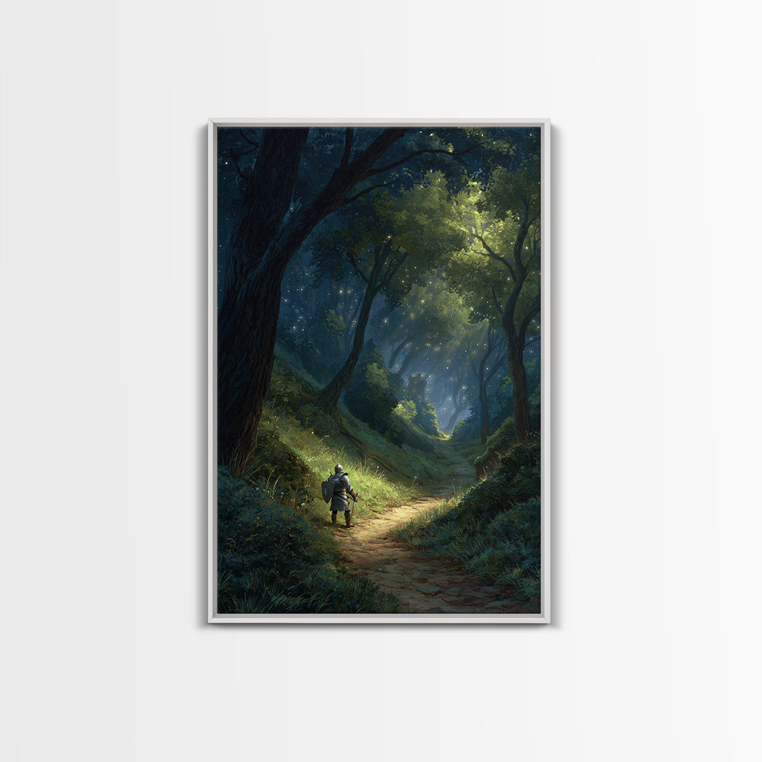 Majestic Knight on Trail in Enchanted Forest Fantasy Art Wall Art Canvas Print For Game Room or Bedroom Decor