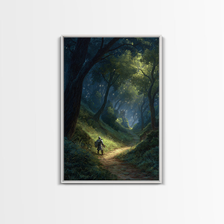 Majestic Knight on Trail in Enchanted Forest Fantasy Art Wall Art Canvas Print For Game Room or Bedroom Decor