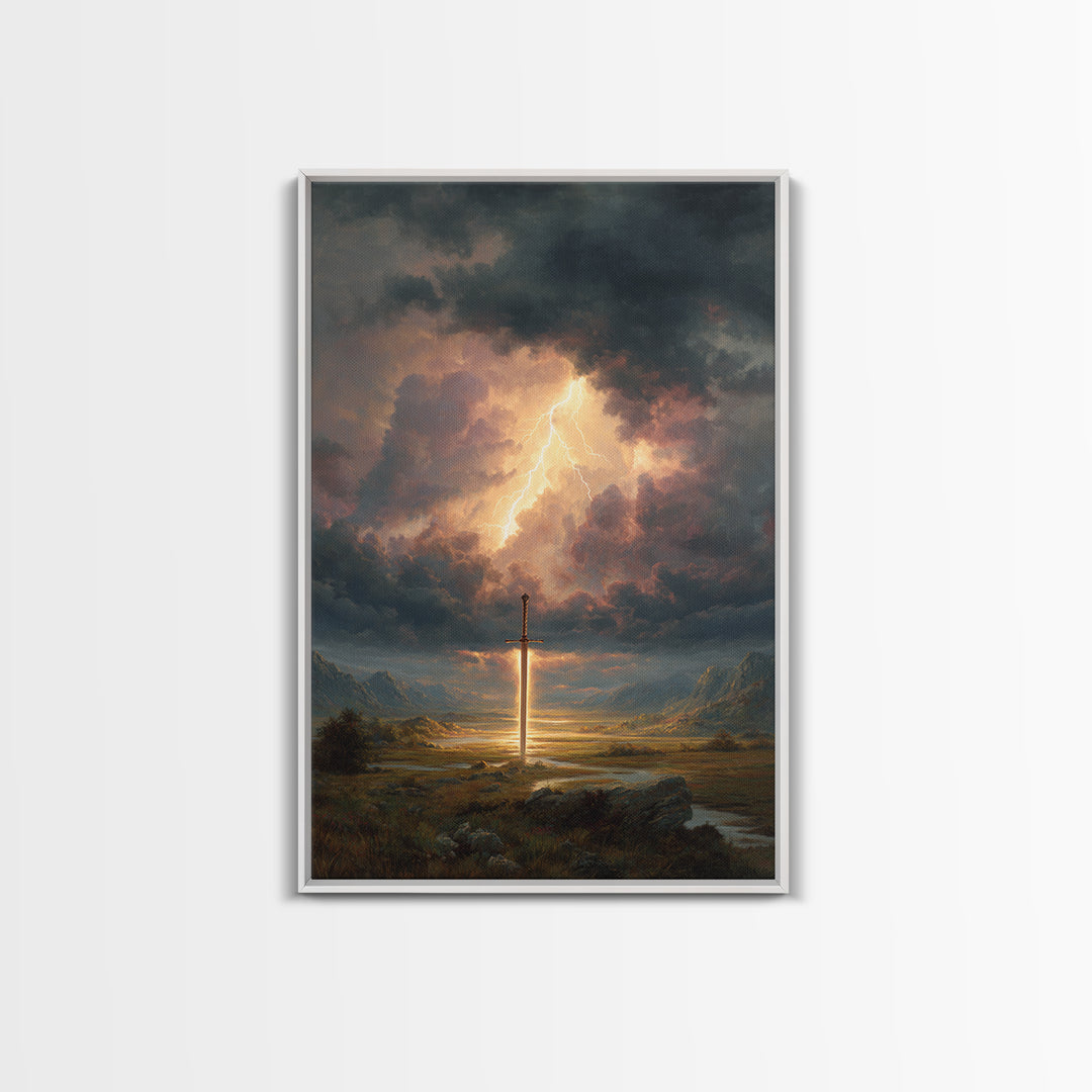Epic Sword Lightning Storm Fantasy Wall Art Digital Painting Canvas Print For Fantasy Lovers And Gaming Room Decor