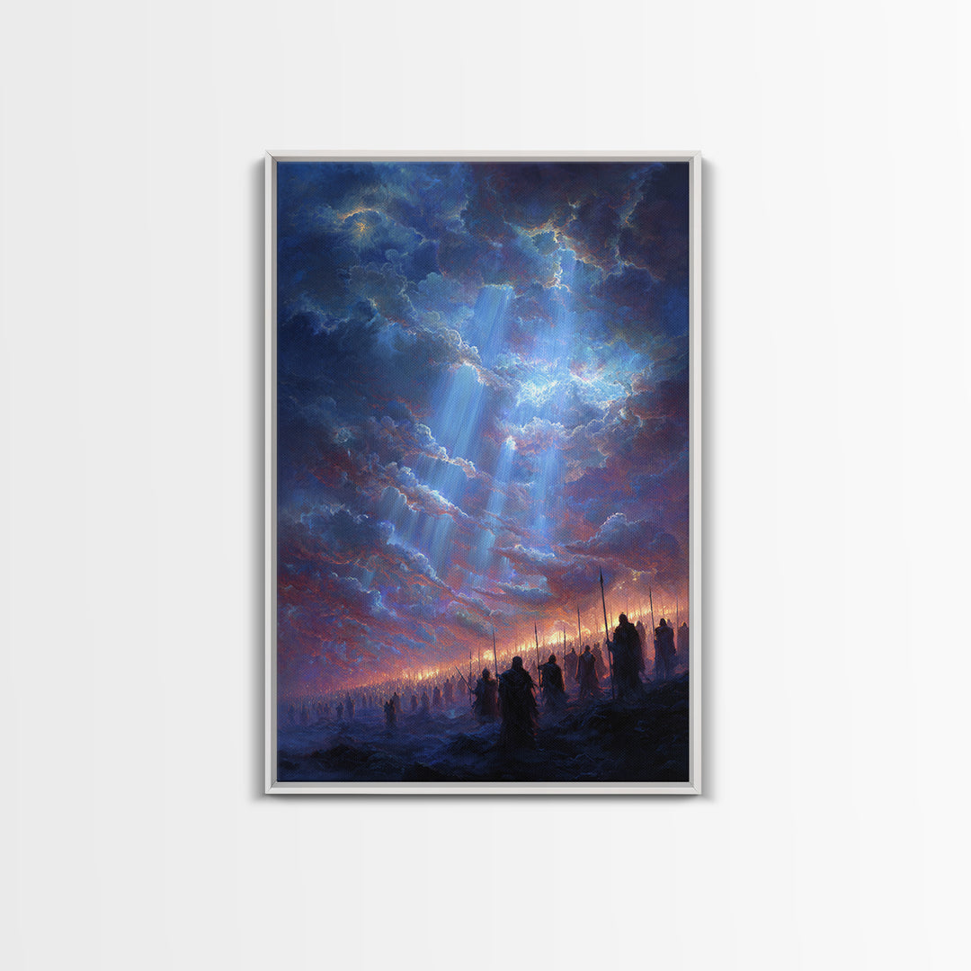 Epic Fantasy Army Under Dramatic Sky With Sun Rays Wall Art Framed Canvas Print For Bedroom or Office Decor