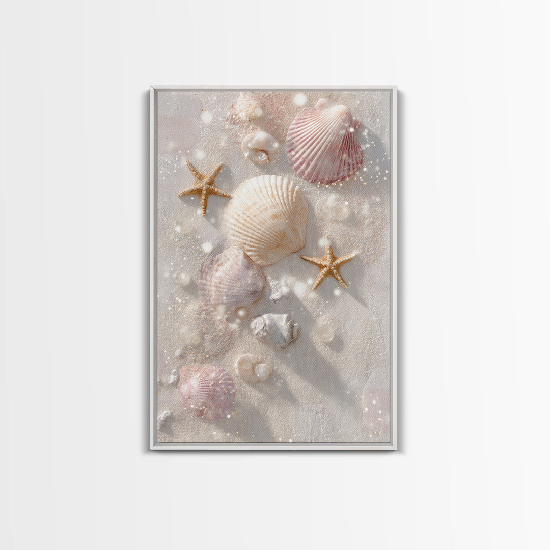 Pastel Seashells And Starfish Canvas Print, Coastal Wall Art, Beach House Decor, Ocean Bathroom Art, Gift For Her, Nautical Decor