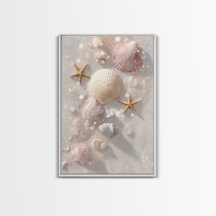 Pastel Seashells And Starfish Canvas Print, Coastal Wall Art, Beach House Decor, Ocean Bathroom Art, Gift For Her, Nautical Decor