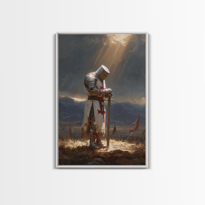 Medieval Knight In Shining Armor Oil Painting Wall Art With Moody Light Beams Epic Historical Art For Rustic Home Decor