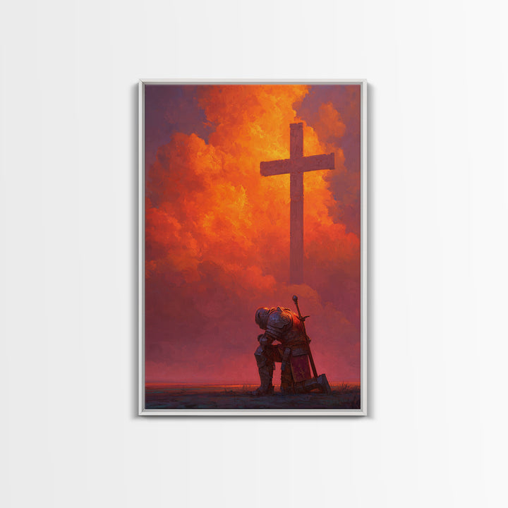 Medieval Knight Kneeling Before Cross In Fiery Sky Dramatic Fantasy Art Wall Art Canvas Print For Spiritual Decor