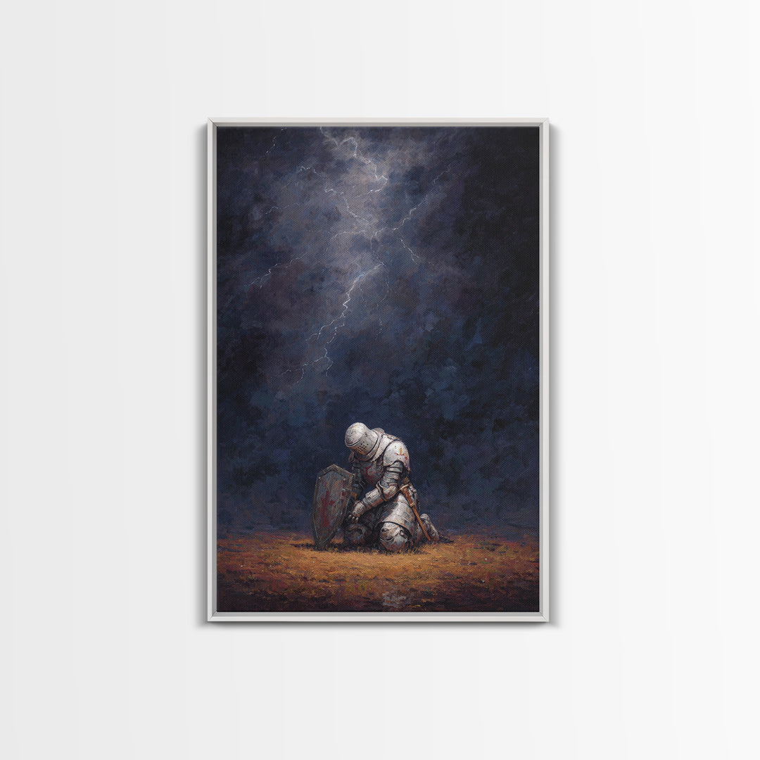 Kneeling Knight Painting With Dramatic Dark Stormy Sky Wall Art Canvas Print For Medieval Decor And Inspirational Office Wall Art