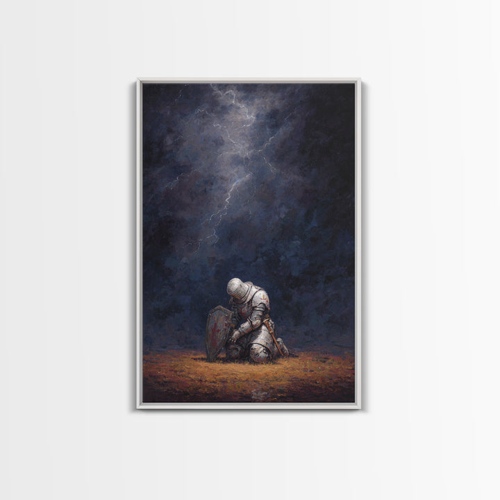 Kneeling Knight Painting With Dramatic Dark Stormy Sky Wall Art Canvas Print For Medieval Decor And Inspirational Office Wall Art