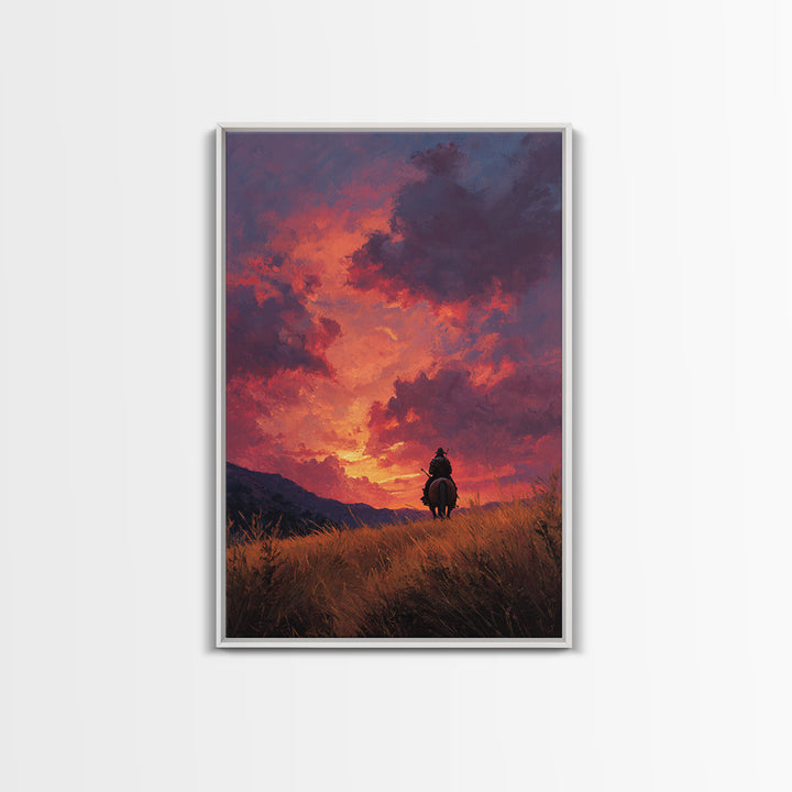 Epic Western Lone Rider On Horseback Silhouette Against Dramatic Sunset Sky Oil Painting Wall Art