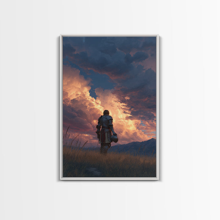 Knight Standing Under Dramatic Cloudy Sunset Sky Canvas Print Medieval Wall Art For Living Room And Office Decor