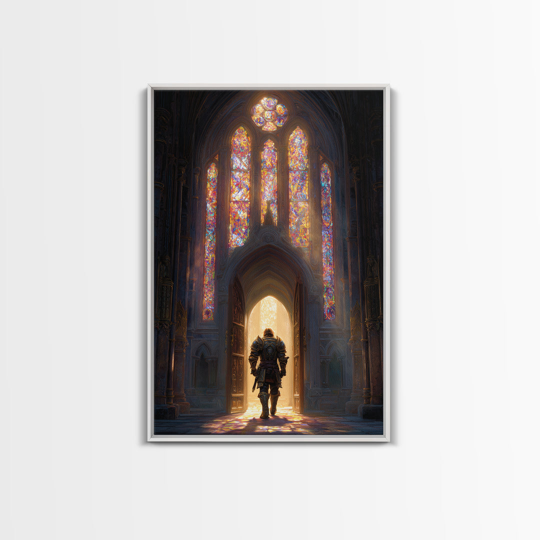 Fantasy Knight In Gleaming Armor Entering Stained Glass Lit Castle Hall - Epic Wall Art Framed Canvas Print For Fantasy Fans