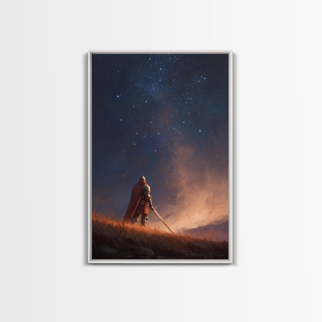 Knight Standing Under Starry Night Sky With Sword Illustration Fantasy Wall Art Framed Canvas Print For Home Decor