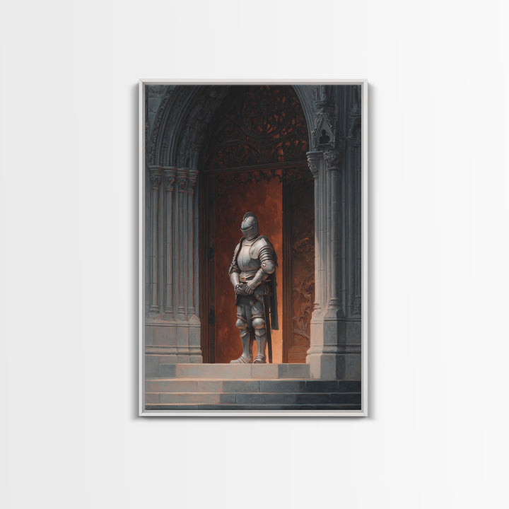 Medieval Knight Armor Standing At Gothic Cathedral Doorway Wall Art Framed Canvas Print For Home Decor Enthusiasts