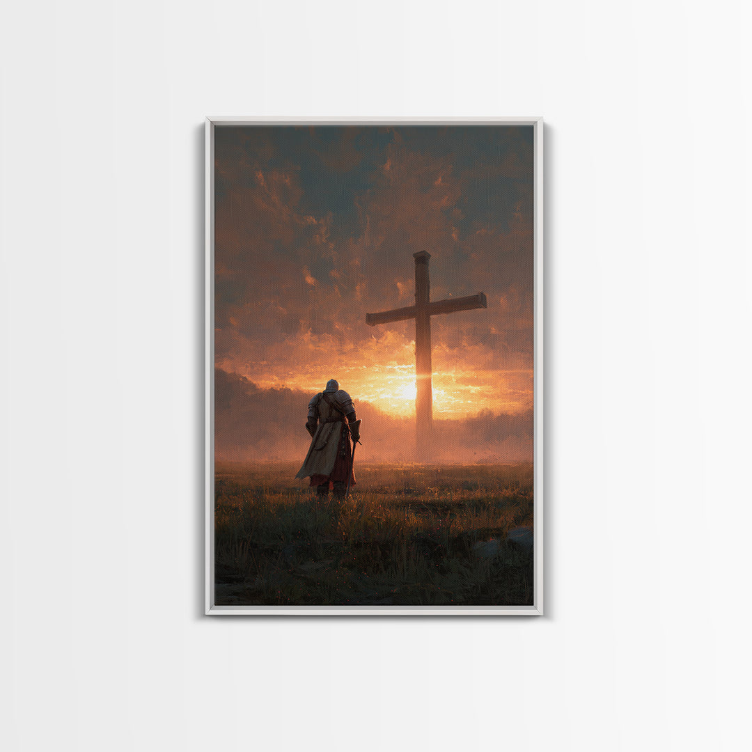 Knight Kneeling Before Large Cross At Sunset Spiritual Wall Art Framed Canvas Print Religious Artwork For Home Decor