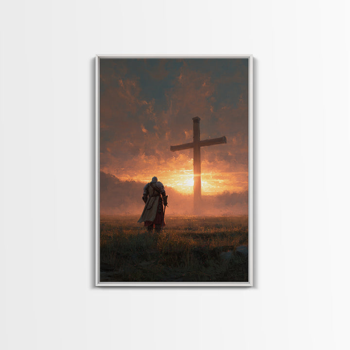 Knight Kneeling Before Large Cross At Sunset Spiritual Wall Art Framed Canvas Print Religious Artwork For Home Decor