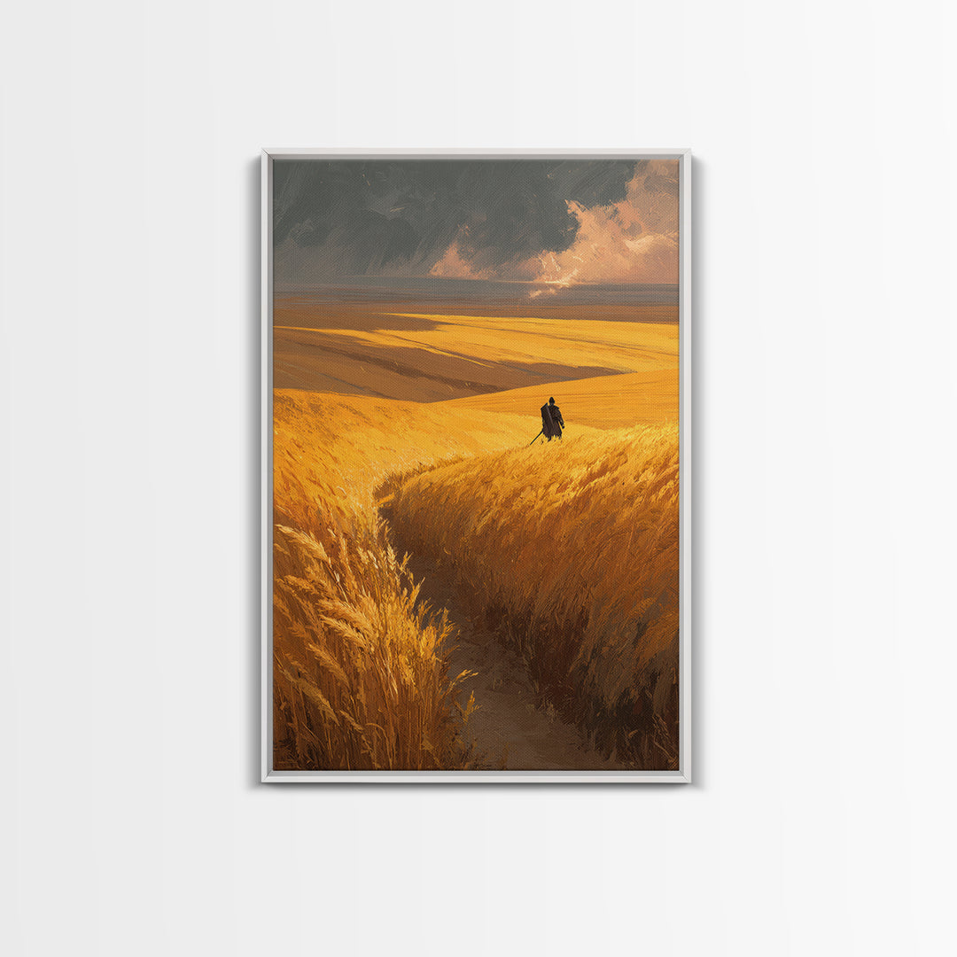 Expansive Golden Wheat Field With Lone Figure Walking Abstract Landscape Wall Art Modern Canvas Print For Rustic Home Or Office Decor