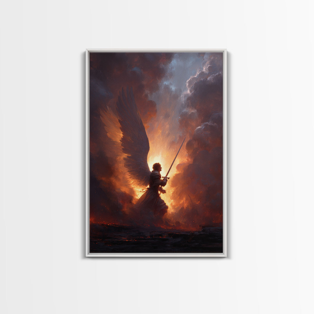 Epic Angel Warrior With Sword Radiant Light And Fiery Background Fantasy Art Framed Canvas Print For Home