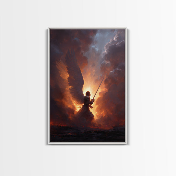 Epic Angel Warrior With Sword Radiant Light And Fiery Background Fantasy Art Framed Canvas Print For Home