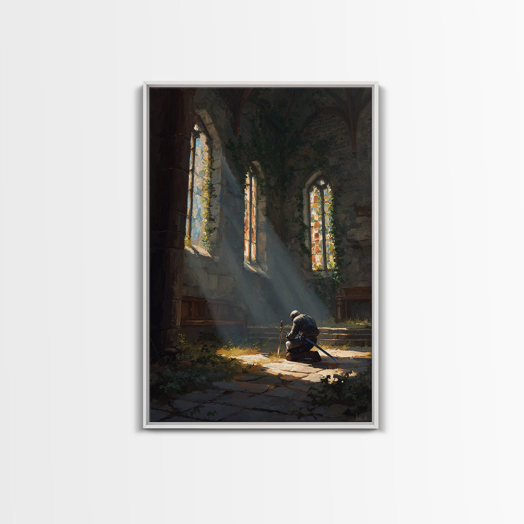Medieval Knight Kneeling In Chapel With Sunlight Rays Warm Oil Painting Wall Art For Living Room Decor And Gift