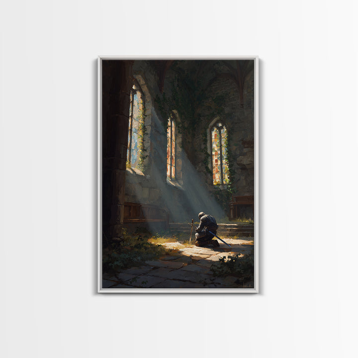 Medieval Knight Kneeling In Chapel With Sunlight Rays Warm Oil Painting Wall Art For Living Room Decor And Gift