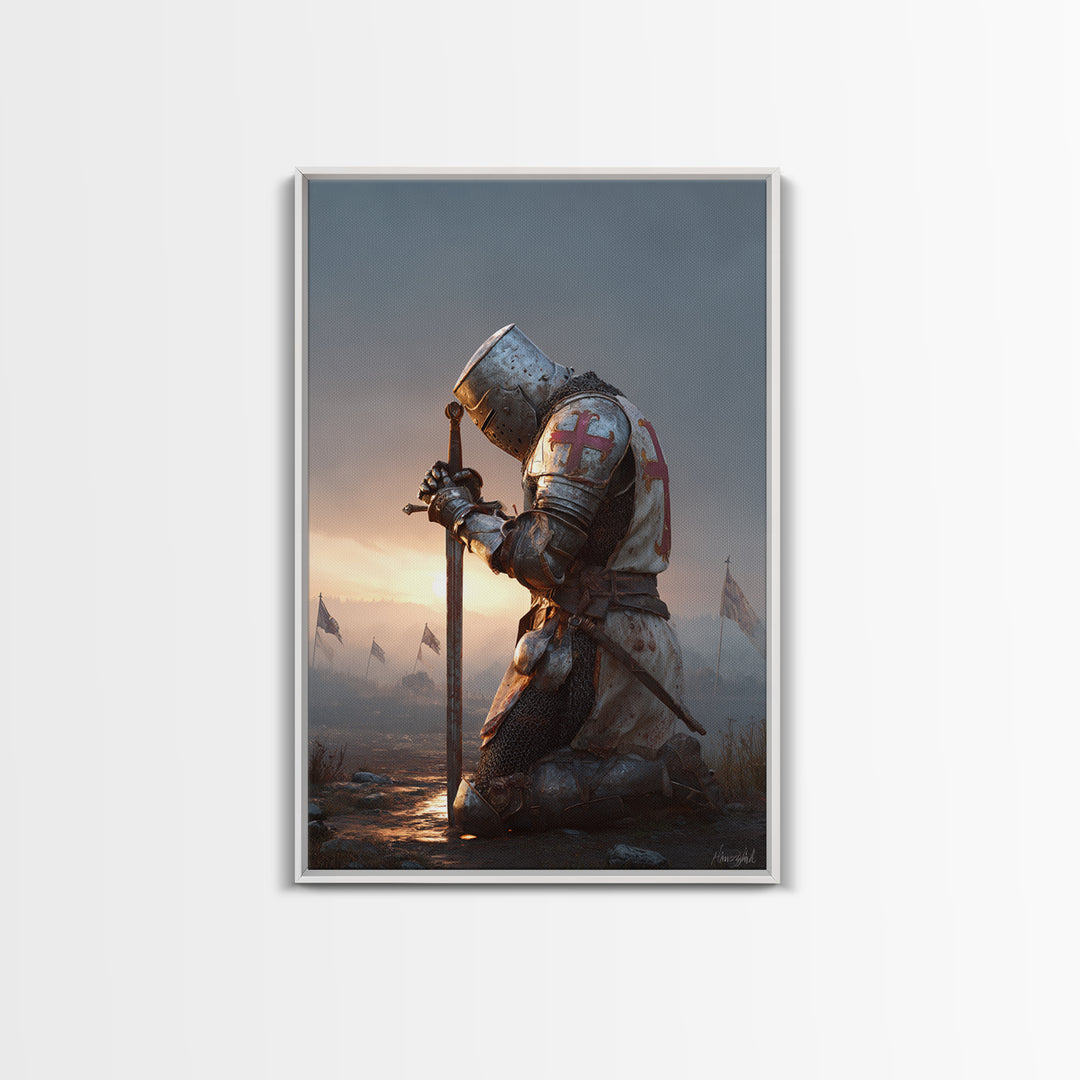 Medieval Knight In Armor Kneeling With Sword At Sunset Dramatic Fine Art Print For Historical And Fantasy Wall Art