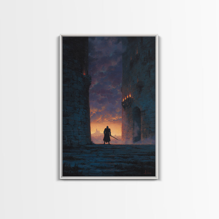 Knight Standing Between Ancient Castle Towers At Sunset With Sword Wall Art Framed Canvas Print For Home Decor