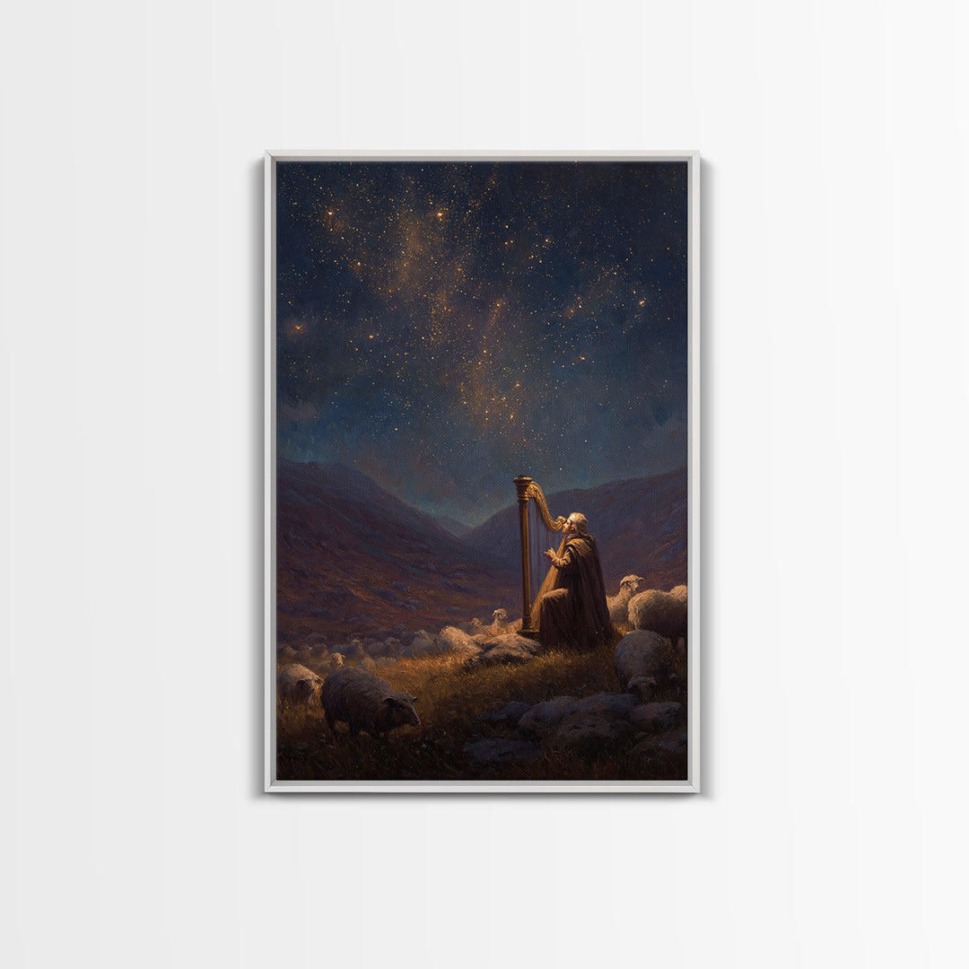 Harp Player In Mountain Landscape Classic Religious Wall Art Oil Painting Framed Canvas Print