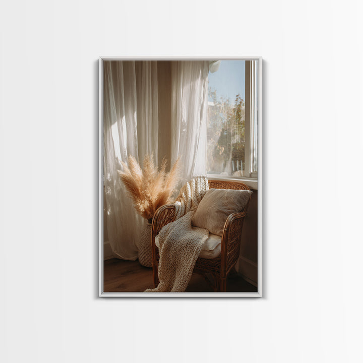 Cozy Wicker Chair And Pampas Grass Wall Art, Neutral Boho Home Decor, Sunlit Bedroom Canvas Print, Housewarming Gift For Her