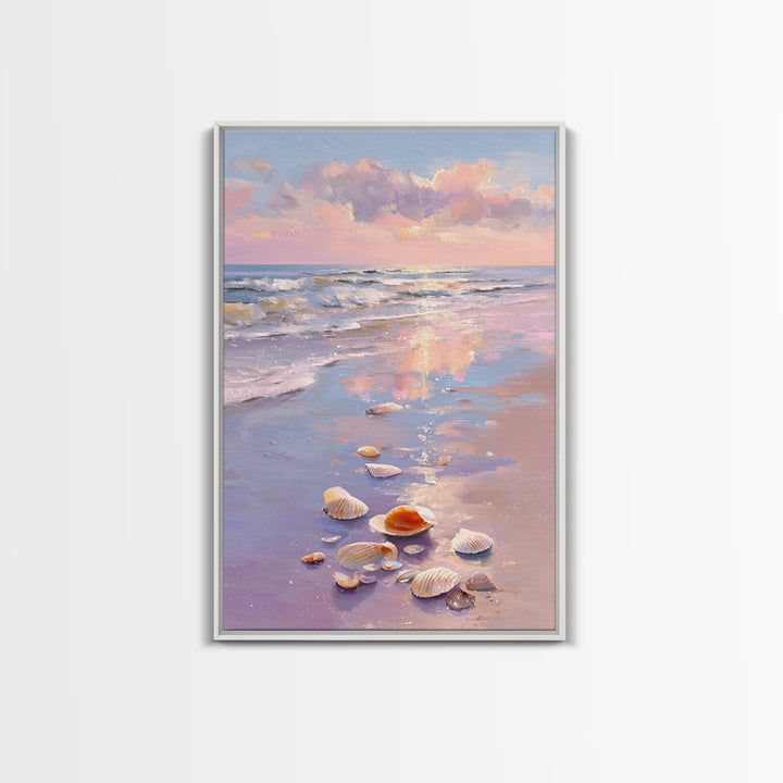 Pastel Seashell Beach Sunset Canvas Print, Coastal Wall Art, Ocean Painting, Beach House Decor, Seascape, Gift For Her, Home Decor