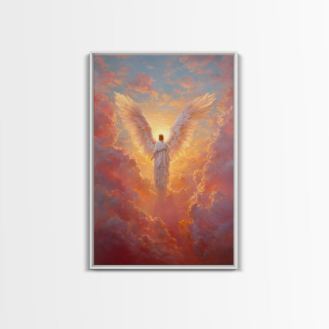 Glowing Angel In Radiant Sunset Sky Symbolic Spiritual Painting Wall Art Framed Canvas Print