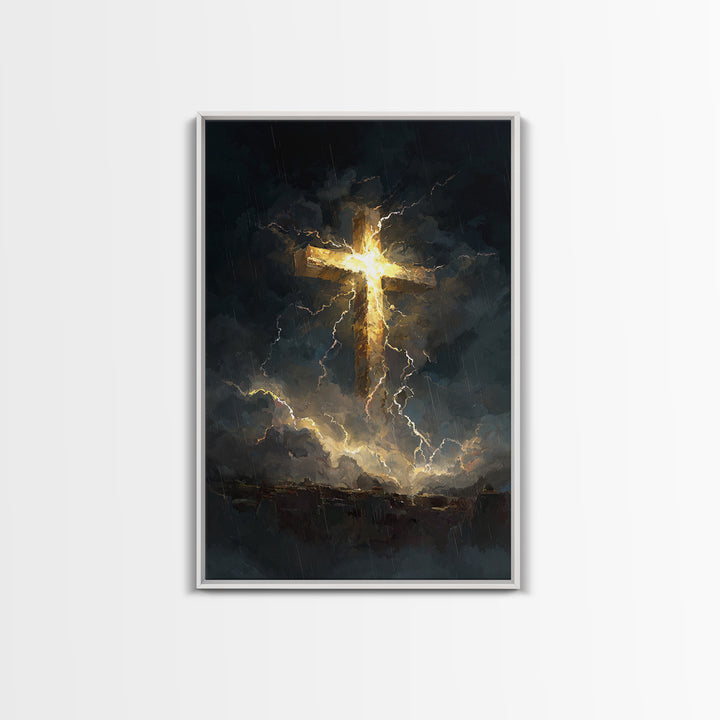 Powerful Cross Illuminated In Stormy Dark Sky Christianity Religious Wall Art Framed Canvas Print